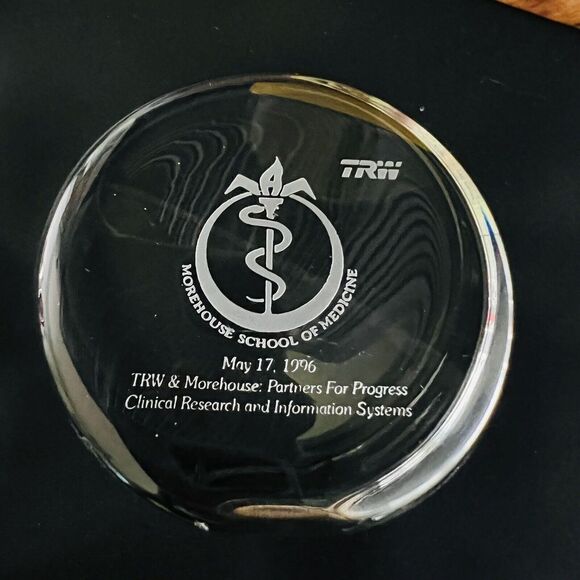 RARE 1996 TRW Morehouse School of Medicine Clear Glass Etched Paperweight